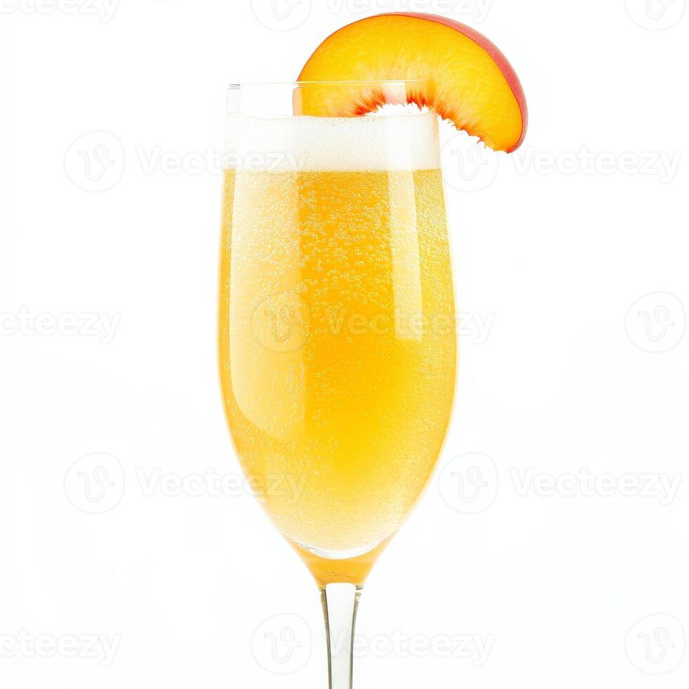 A glass of champagne with a peach slice photo