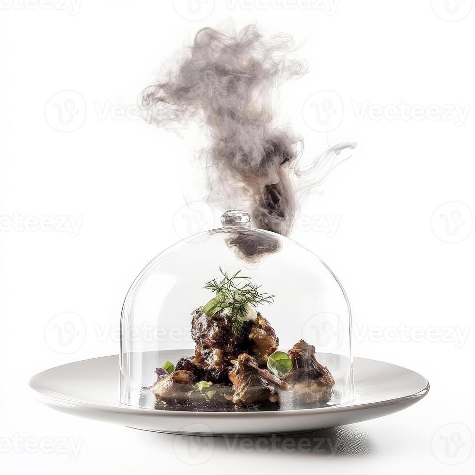 A dish featuring the use of smoke or aromatic elements, perhaps presented under a cloche or with a smoking gun, creating a multisensory experience, emphasizing the interplay of taste and smell in a photo