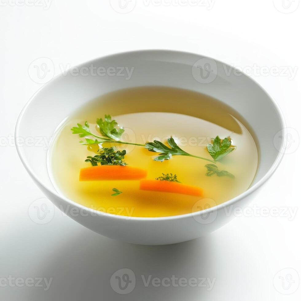 A delicate and flavorful consume, a clear broth, with carefully placed vegetables and herbs, presented in a small, elegant bowl, showcasing the simplicity and purity of flavors, a refined and elegant photo