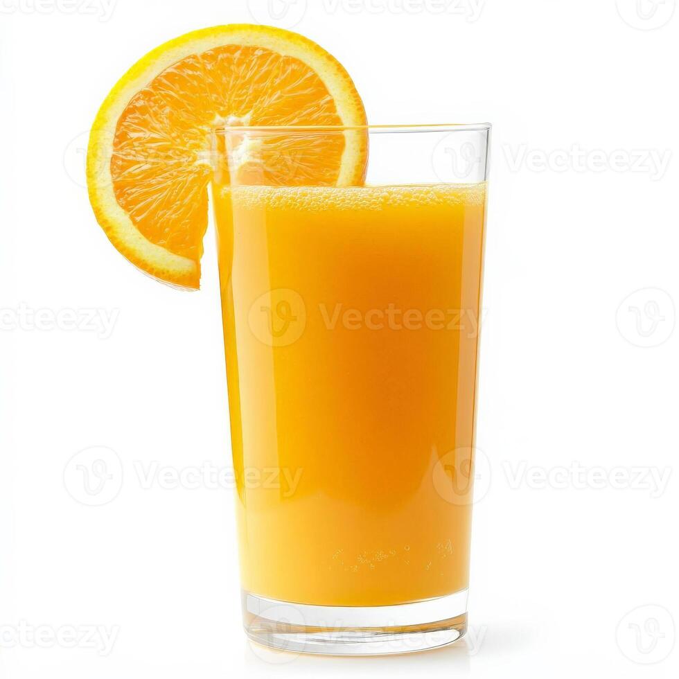 A tall glass of freshly squeezed orange juice, filled with bright golden liquid and tiny pulp particles. A slice of orange rests on the rim, adding a refreshing citrus appeal. A healthy and energizing photo