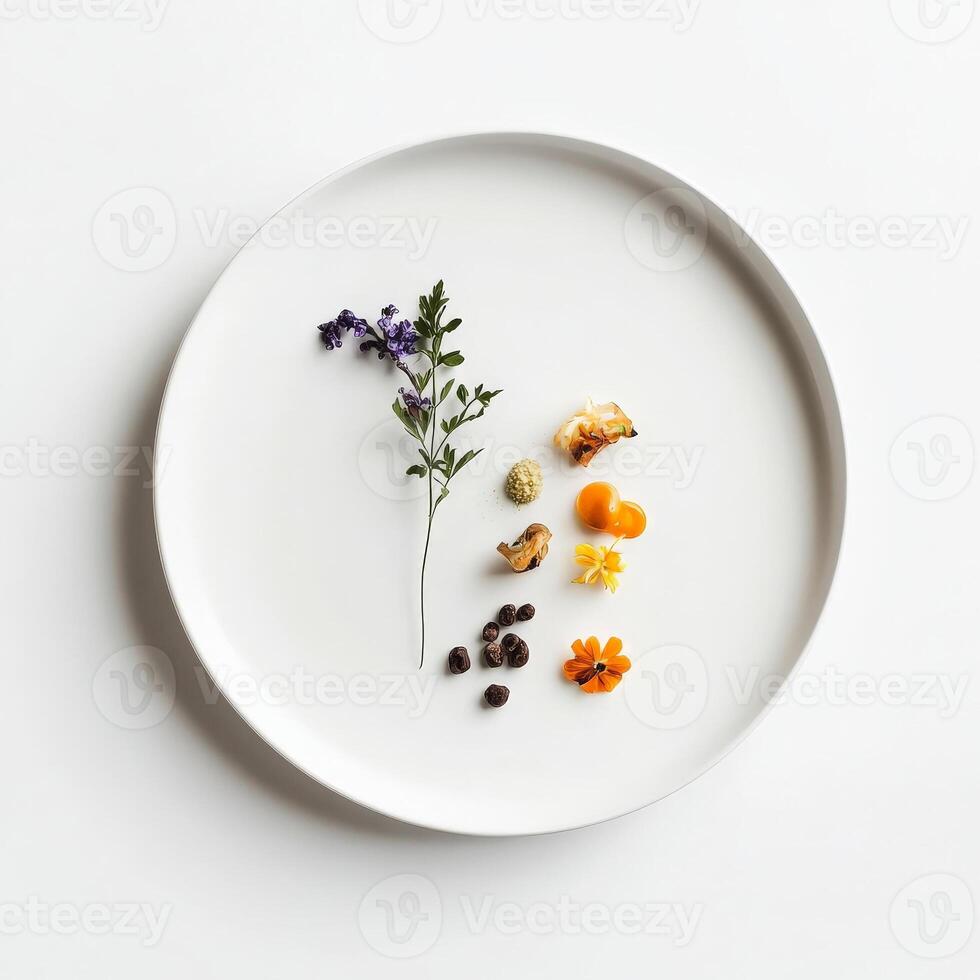 A plate designed to create negative space, with ingredients placed sparingly to highlight their beauty and importance, showcasing the minimalist aesthetic in food presentation, and drawing the eye to photo