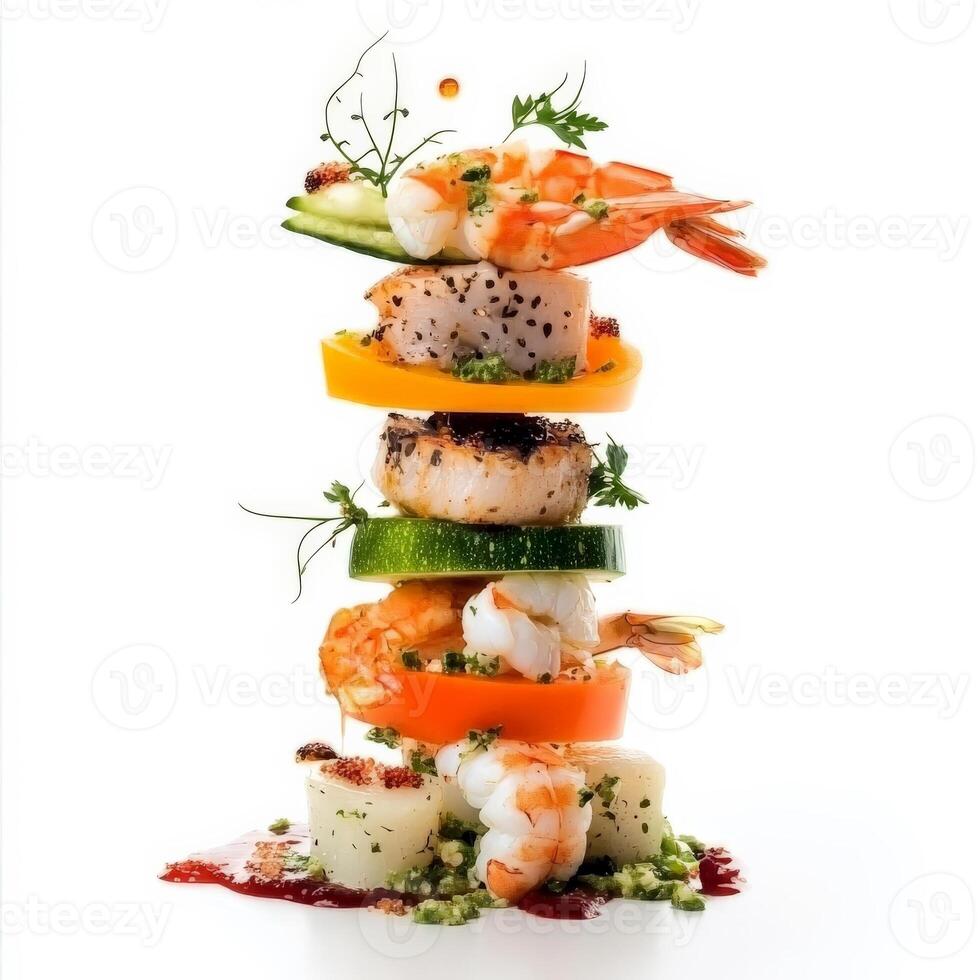 A stack of shrimp, vegetables and vegetables on a white background photo