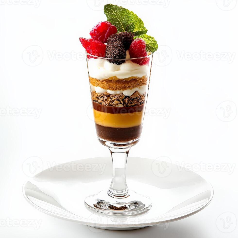 A vertically plated dessert, perhaps a parfait or verrine, showcasing layers of contrasting textures and flavors in a tall and elegant presentation, highlighting the interplay of light and shadow, photo