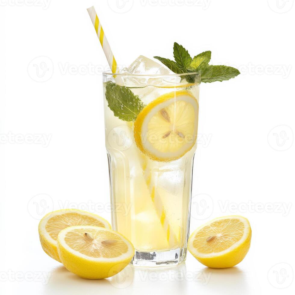 A tall glass of homemade iced lemonade with fresh lemon slices, mint leaves, and ice cubes, served with a straw. A refreshing summer beverage. Isolated on clean white background photo