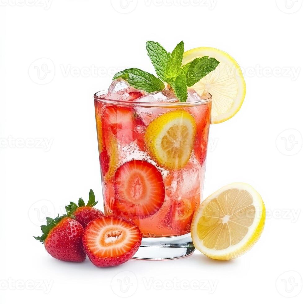 A glass of refreshing strawberry lemonade with slices of fresh strawberries and lemon, served over ice with a mint garnish. A perfect summer drink. Isolated on clean white background photo
