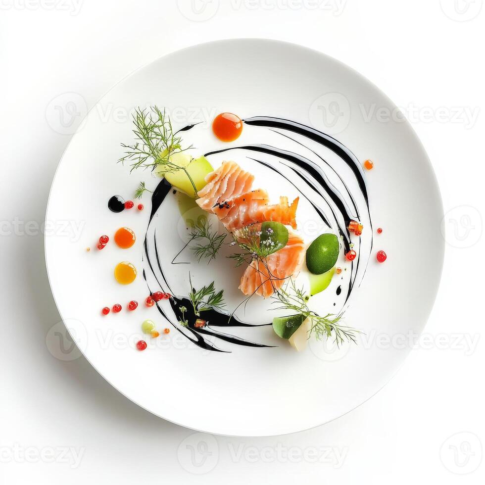 A dish featuring a sauce that flows or ribbons beautifully across the plate, creating a dynamic visual element and adding movement to the composition, the use of sauce as an artistic medium in fine photo