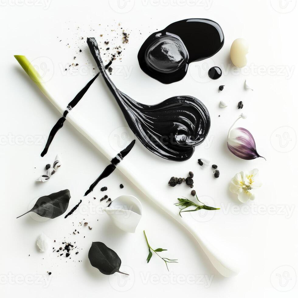 A monochromatic composition, ingredients all in shades of a single color, such as black or white, creating a dramatic and minimalist effect, a bold artistic statement in food presentation, isolated on photo