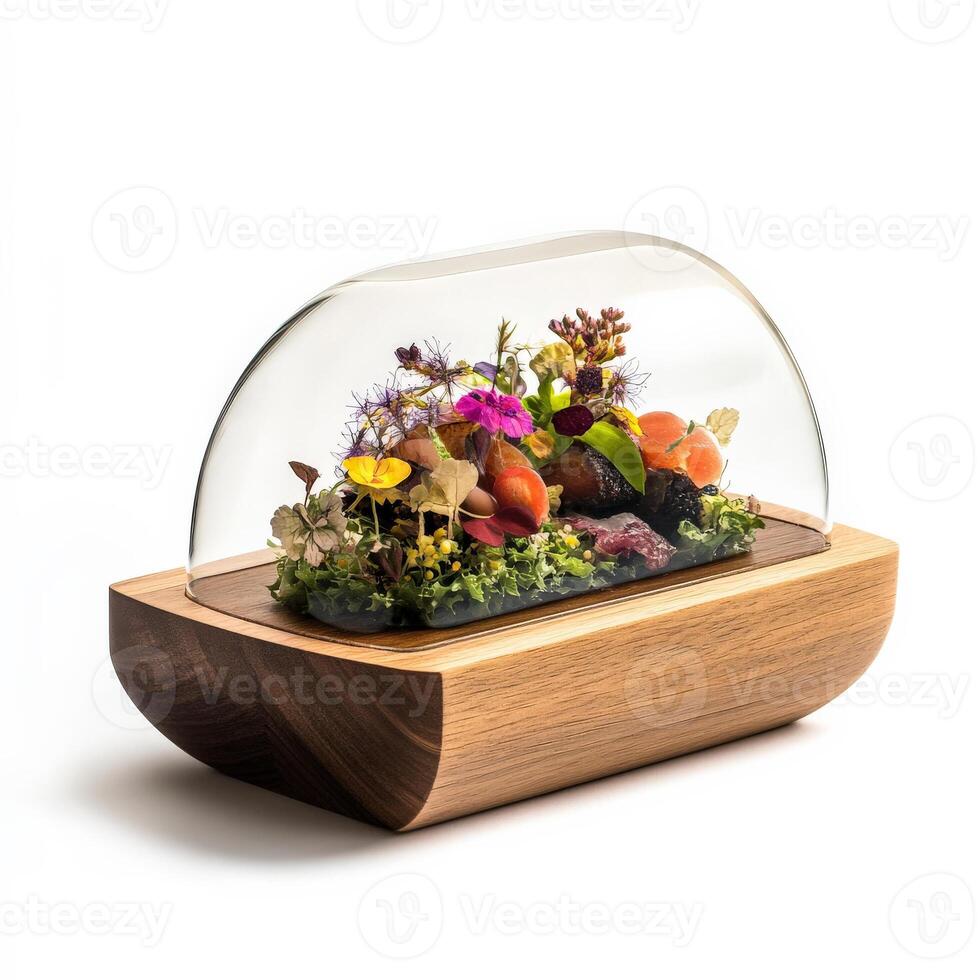 A dish presented in an unexpected way, perhaps in a glass dome or a wooden box, creating a sense of surprise and intrigue, the artistry of using the presentation itself as part of the dining photo