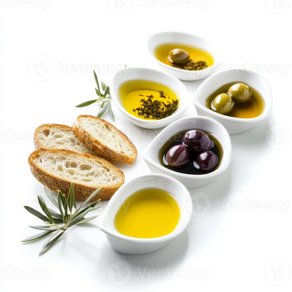 A tasting flight of olive oils, each from a different region, presented in small, elegant dishes, with slices of crusty bread for dipping, allowing the diner to explore the nuances of flavor, texture, photo