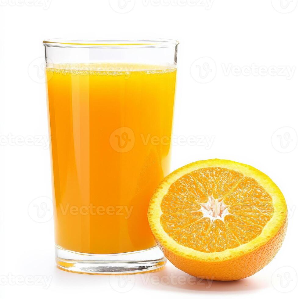 A glass of fresh-squeezed orange juice with vibrant color and tiny pulp specks. A refreshing and vitamin-rich drink perfect for breakfast. Isolated on clean white background photo