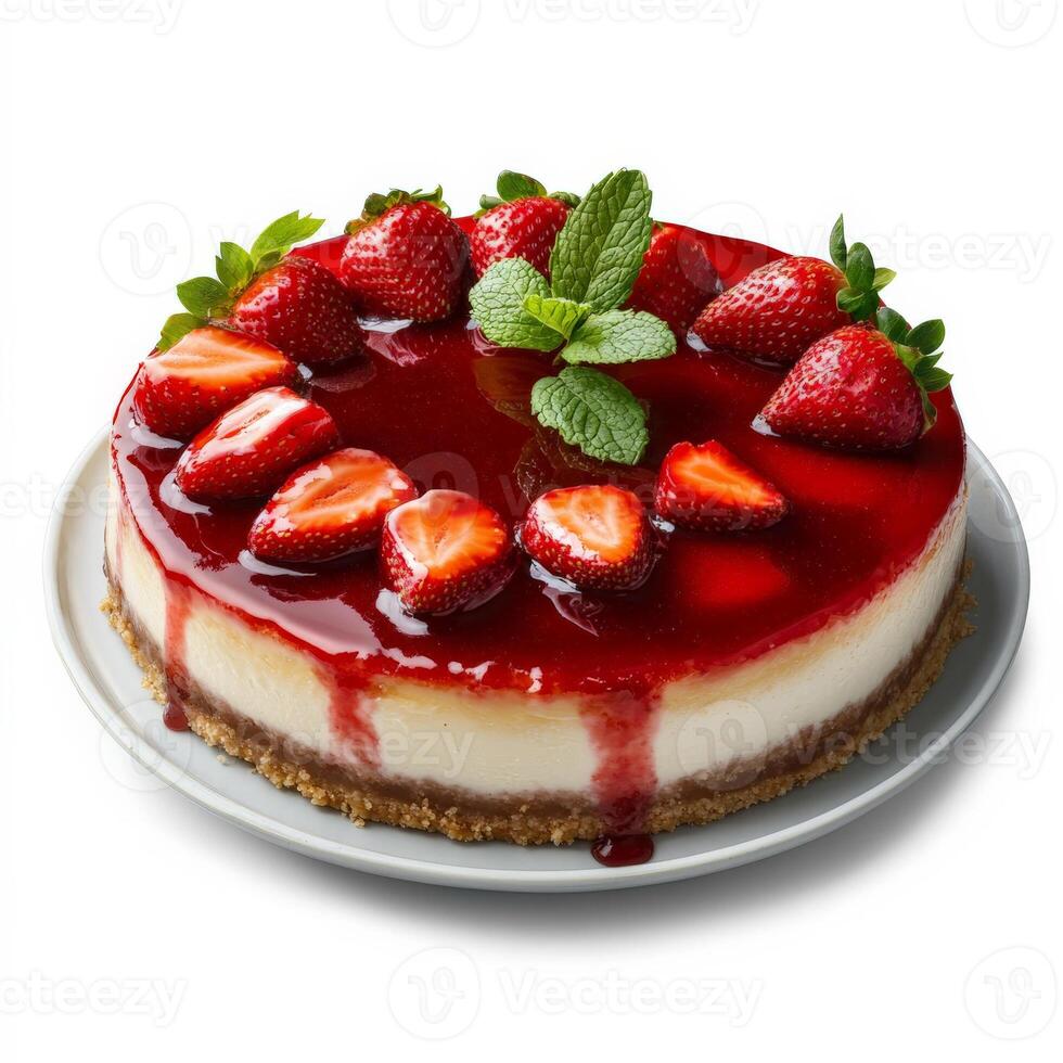 A classic New York-style cheesecake with a dense, creamy filling, a buttery graham cracker crust, and a glossy strawberry glaze on top. Garnished with fresh strawberries and mint leaves, this rich and photo