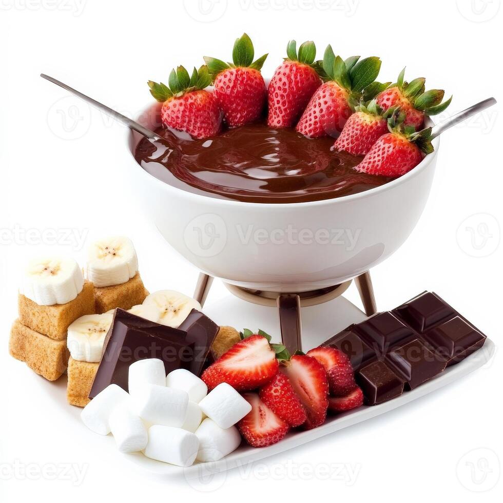 A decadent chocolate fondue set with a bowl of melted dark chocolate, surrounded by strawberries, banana slices, marshmallows, and cubes of pound cake for dipping. Isolated on clean white background photo