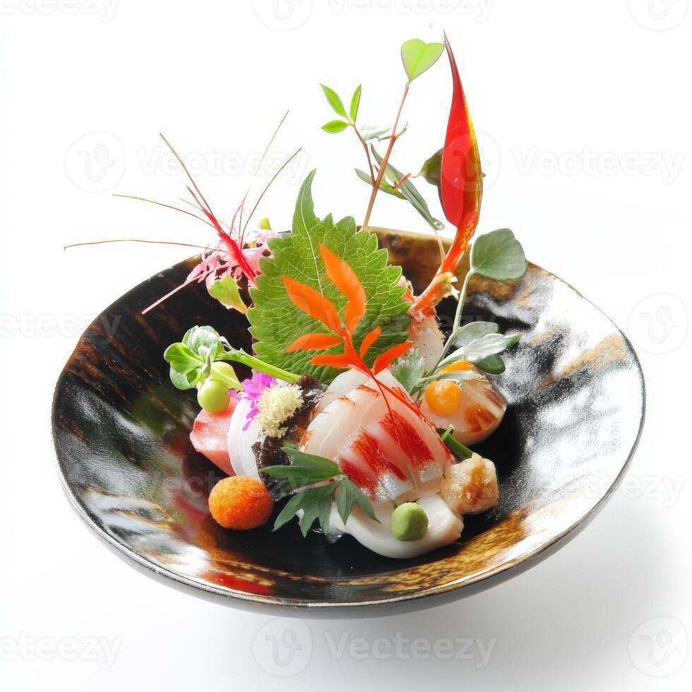 A dish incorporating elements of a Japanese Kaiseki meal, showcasing the careful balance of flavors, textures, and presentations, with small, artfully arranged portions, highlighting the artistry of photo