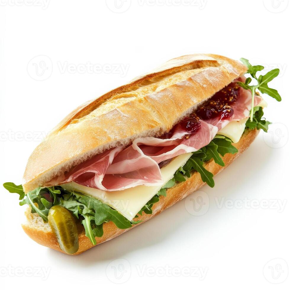 A fresh baguette sandwich with layers of prosciutto, arugula, brie cheese, and fig jam, served with a side of cornichons. A gourmet deli-style meal. Isolated on clean white background photo
