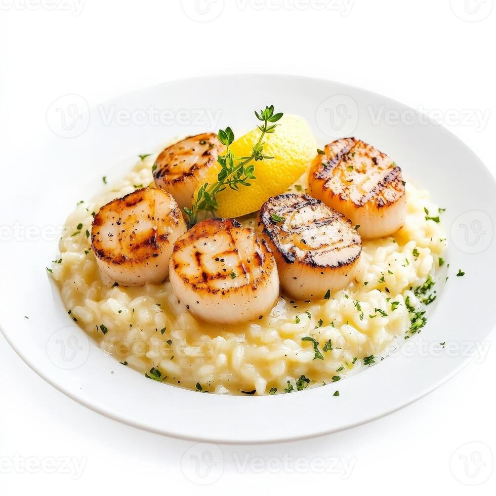 A plate of perfectly grilled scallops, seared to a golden brown and served with a light lemon butter sauce, alongside a bed of creamy risotto. A gourmet seafood dish. Isolated on clean white photo