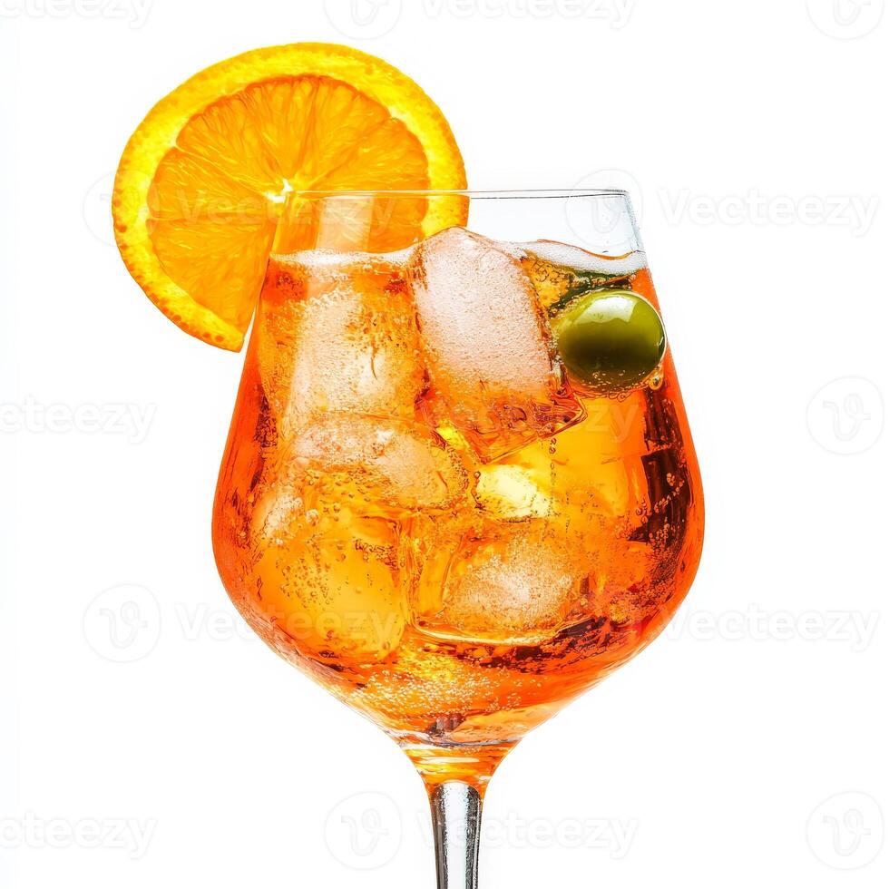 A close-up of a colorful and bubbly Aperol Spritz cocktail, a popular Italian aperitif, made with Aperol, Prosecco, and a splash of soda water, served in a large wine glass with ice, an orange slice, photo