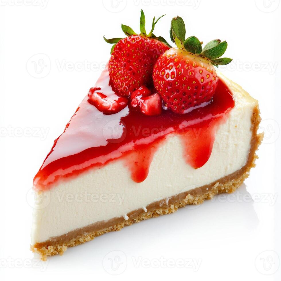 A slice of classic New York-style cheesecake with a rich, creamy filling and a buttery graham cracker crust. Topped with fresh strawberries and a drizzle of strawberry sauce. Isolated on clean white photo