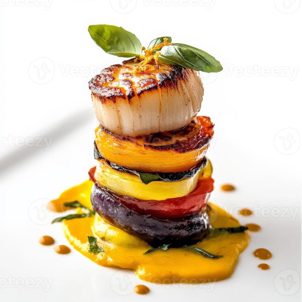 A vertical composition of pan-seared scallops, stacked atop a colorful ratatouille tower, drizzled with a saffron-infused aioli and garnished with a crispy basil leaf, showcasing the interplay of photo