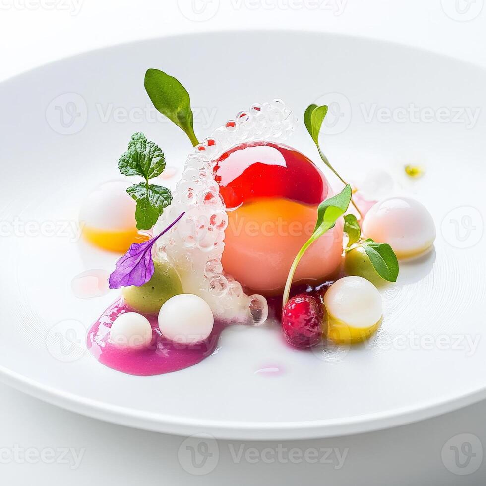 A white plate topped with a dessert and garnish photo