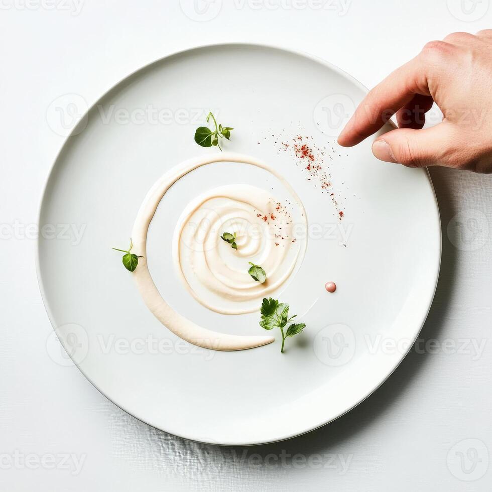 A person's hand is touching a white plate with a white sauce photo