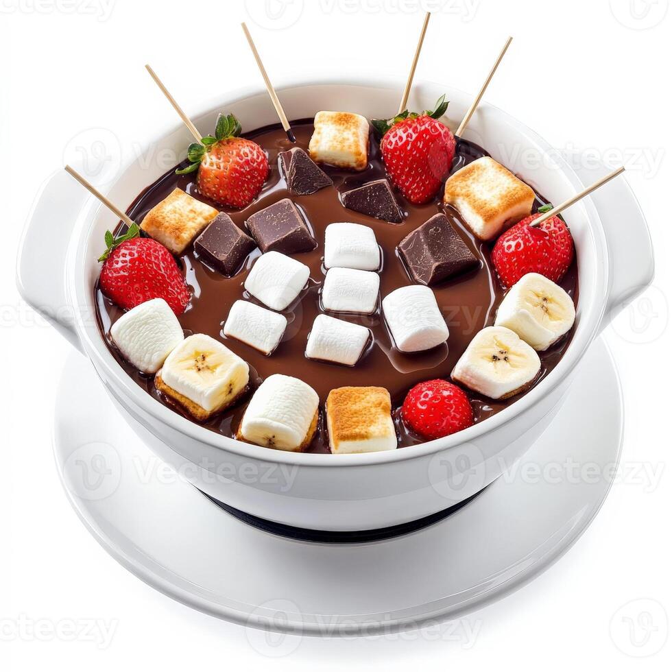 A rich and velvety chocolate fondue, served with skewers of strawberries, banana slices, marshmallows, and cubes of pound cake for dipping. A sweet indulgence. Isolated on clean white background photo