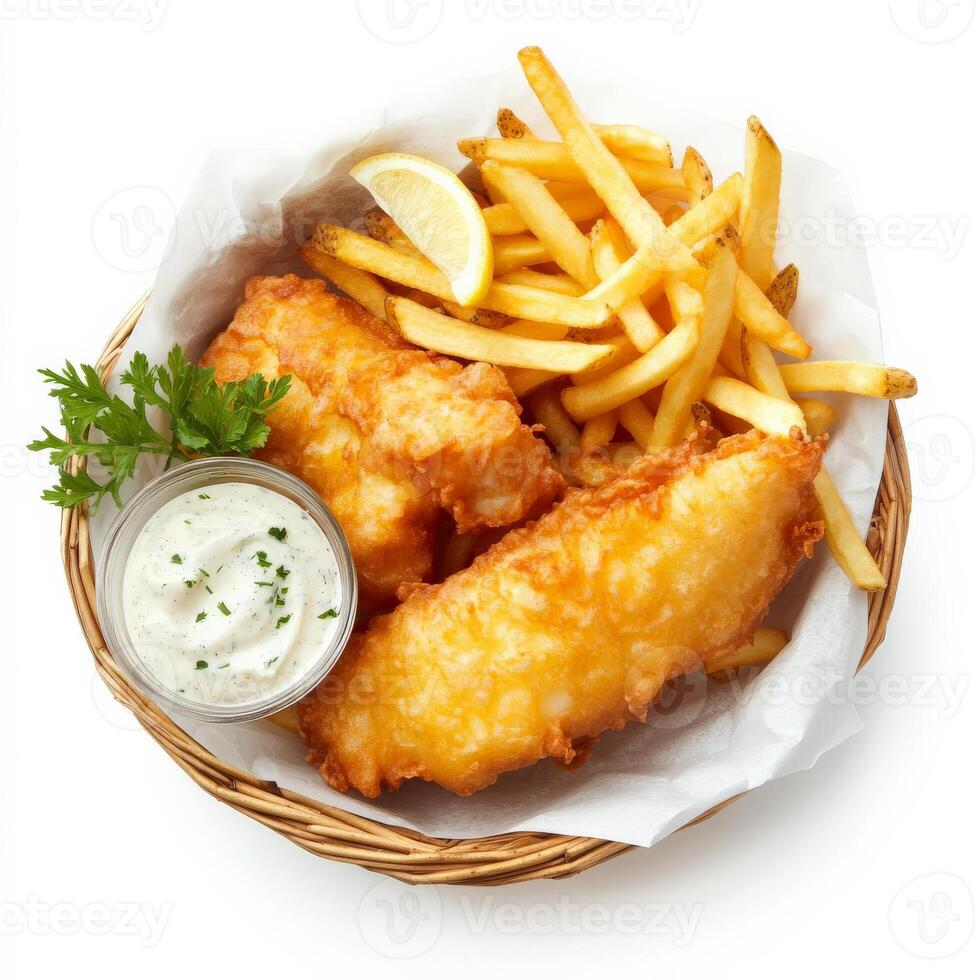 A basket of freshly fried fish and chips, featuring crispy beer-battered fish fillets with golden French fries, served with tartar sauce and a lemon wedge. Isolated on clean white background photo
