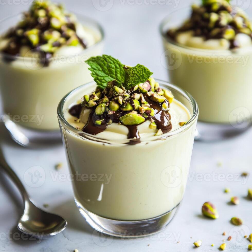A close-up of a creamy crema di pistacchio dessert, a decadent and flavorful Italian dessert, made with heavy cream, sugar, egg yolks, and pistachio paste, resulting in a rich and aromatic cream, photo