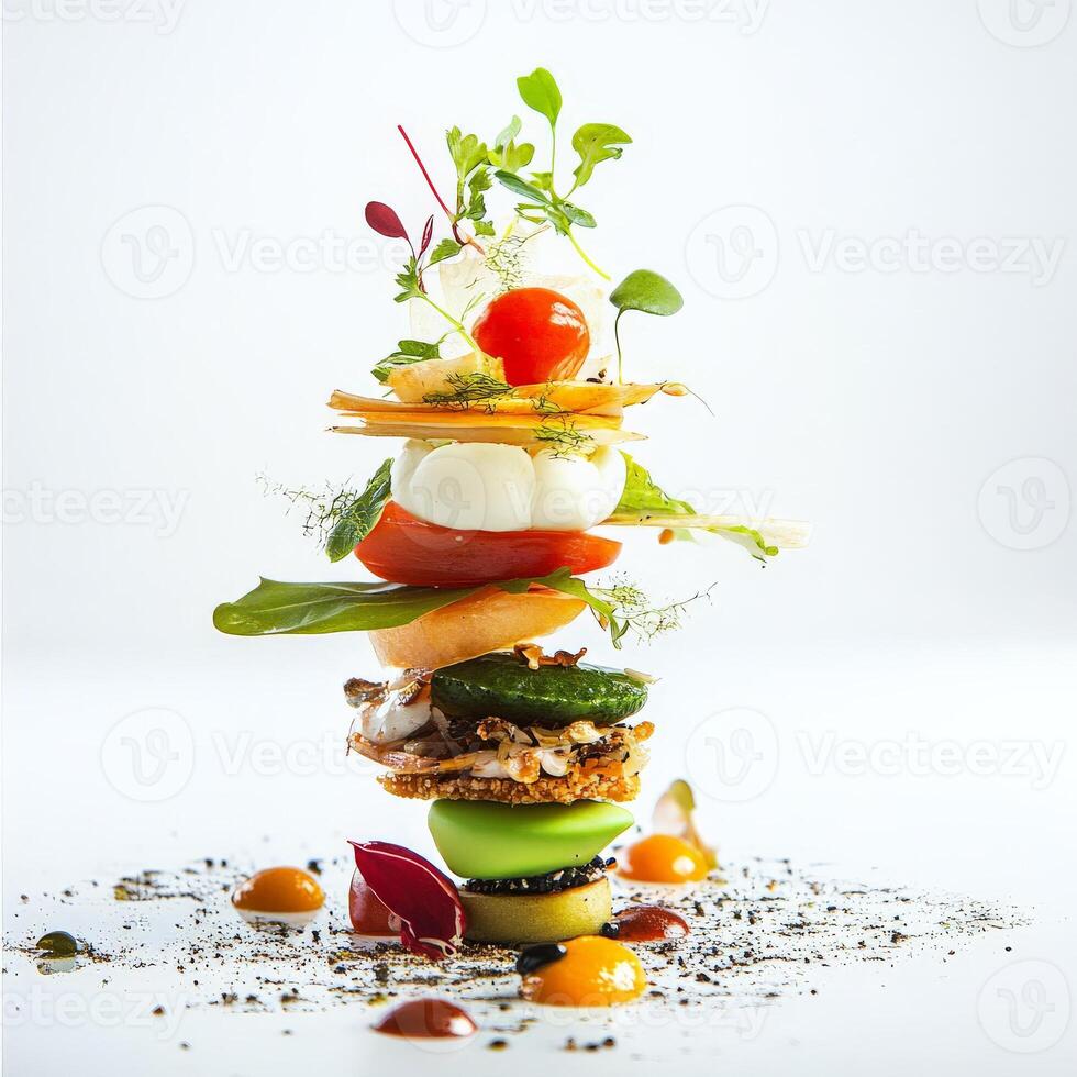 A stack of food on a white table photo