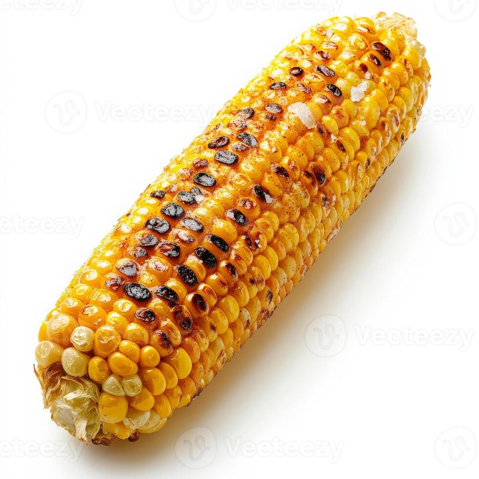 A perfectly grilled corn on the cob, coated in melted butter and sprinkled with salt and paprika. The golden kernels are slightly charred, enhancing their smoky sweetness. Isolated on clean white photo