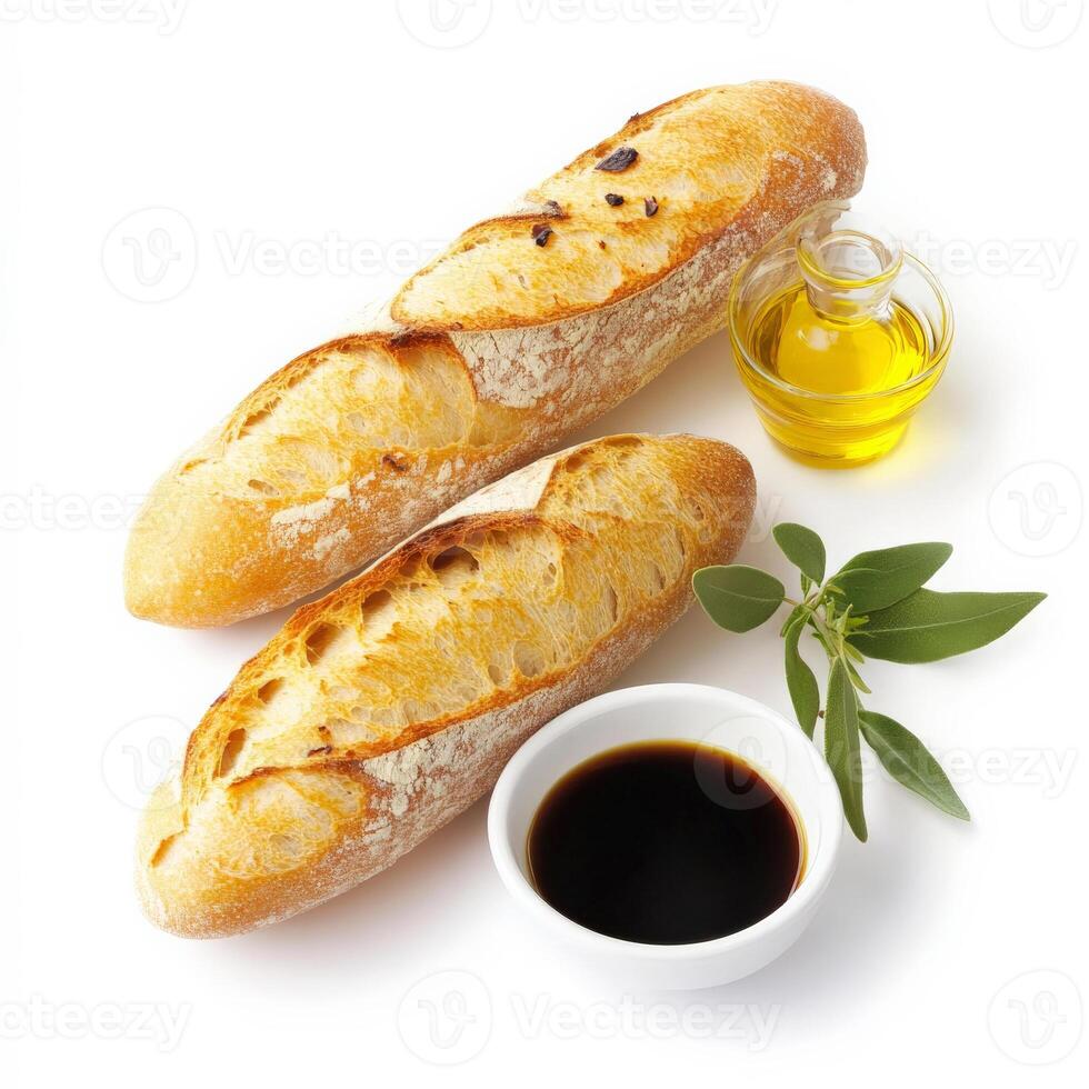 A warm, freshly baked baguette with a crisp golden crust and a soft, airy interior, served alongside a small dish of olive oil and balsamic vinegar. Isolated on clean white background photo