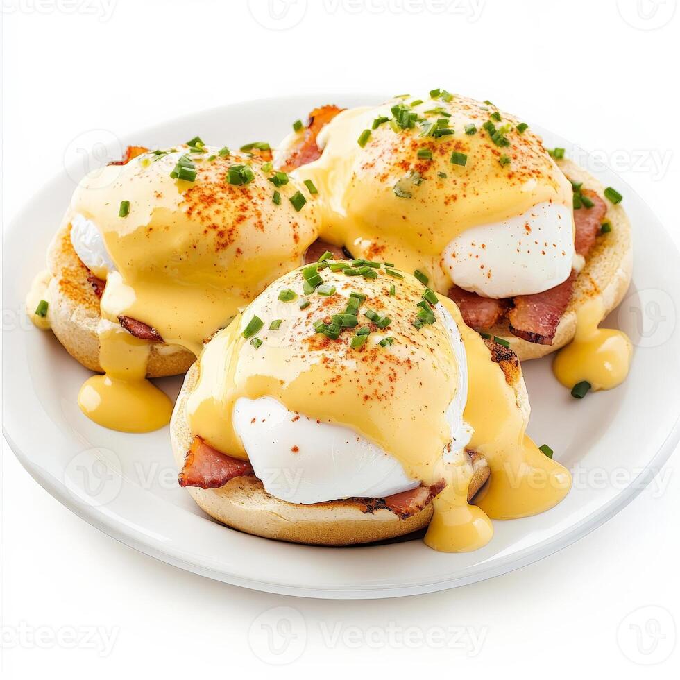 A plate of gourmet eggs Benedict, featuring perfectly poached eggs resting on slices of Canadian bacon and toasted English muffins, all smothered in rich, velvety hollandaise sauce. Garnished with a photo