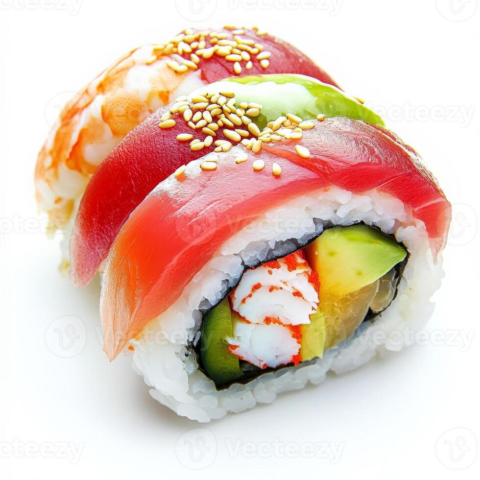 A colorful rainbow sushi roll, filled with fresh crab, avocado, and cucumber, topped with thin slices of tuna, salmon, and shrimp. The roll is garnished with sesame seeds. Isolated on clean white photo