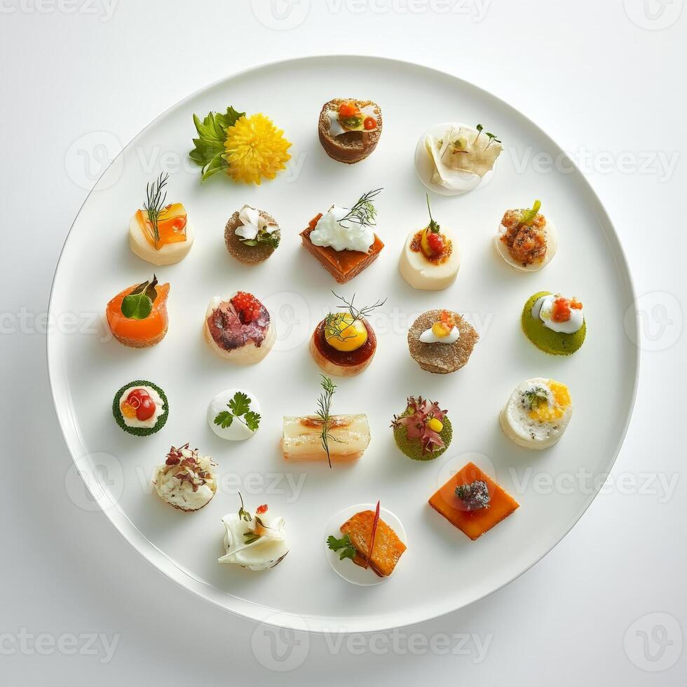 An artfully arranged plate of small bites, each a miniature version of a larger dish, showcasing the chef's skill in creating diverse and complex flavors in a bite-sized format, the artistry of photo