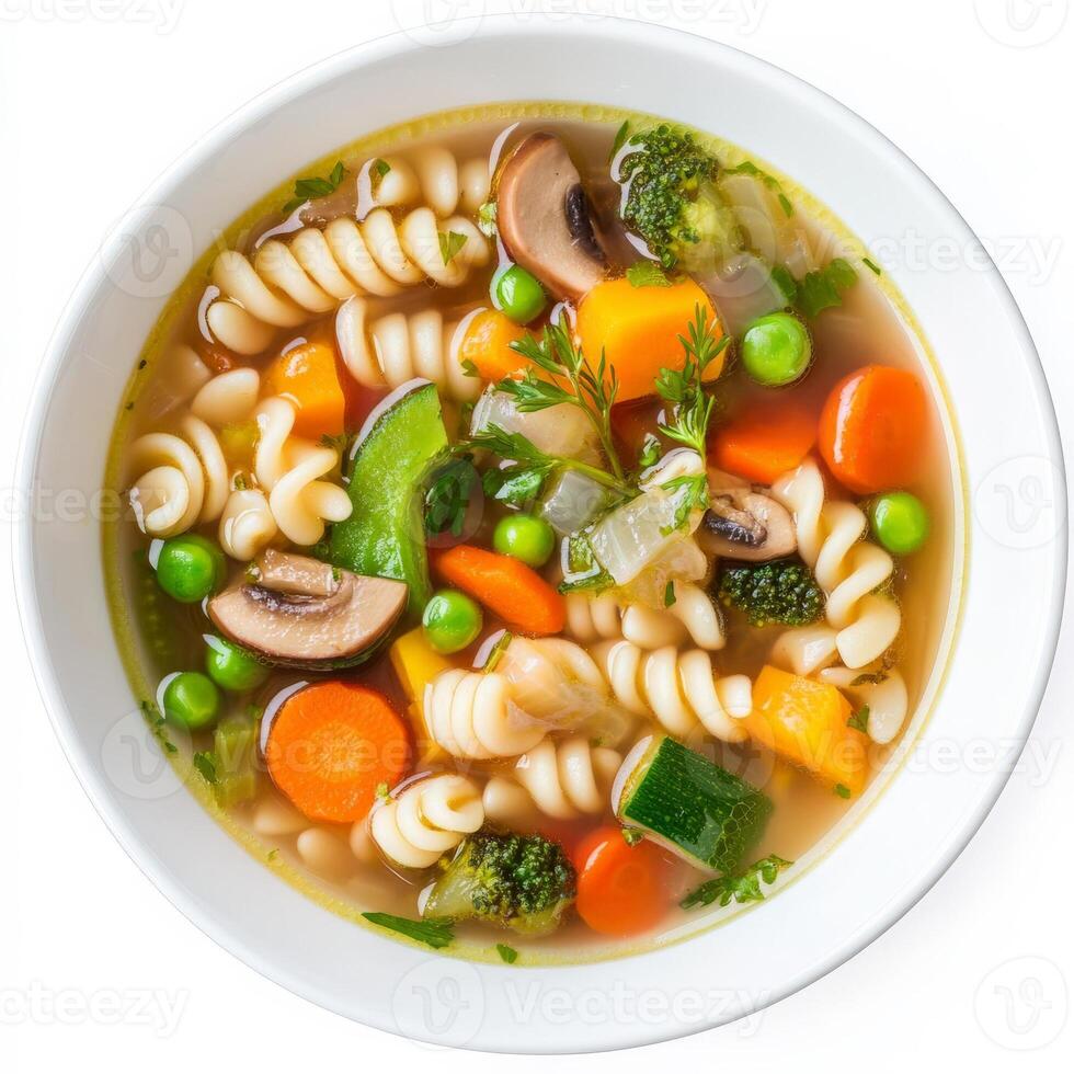 A bowl of Italian minestrone soup, transformed with the rich and creamy flavors of Japanese miso soup, featuring a flavorful broth, mixed vegetables, pasta, and a miso paste infused with dashi broth photo