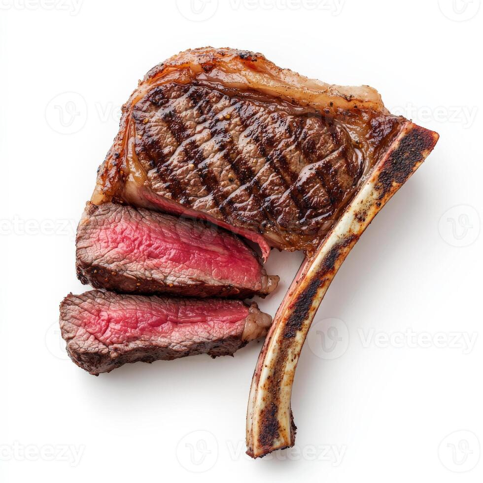 A perfectly grilled tomahawk steak, cooked to a medium-rare perfection, with a beautifully seared crust. The thick bone-in ribeye is sliced to showcase its juicy, marbled texture. Isolated on clean photo