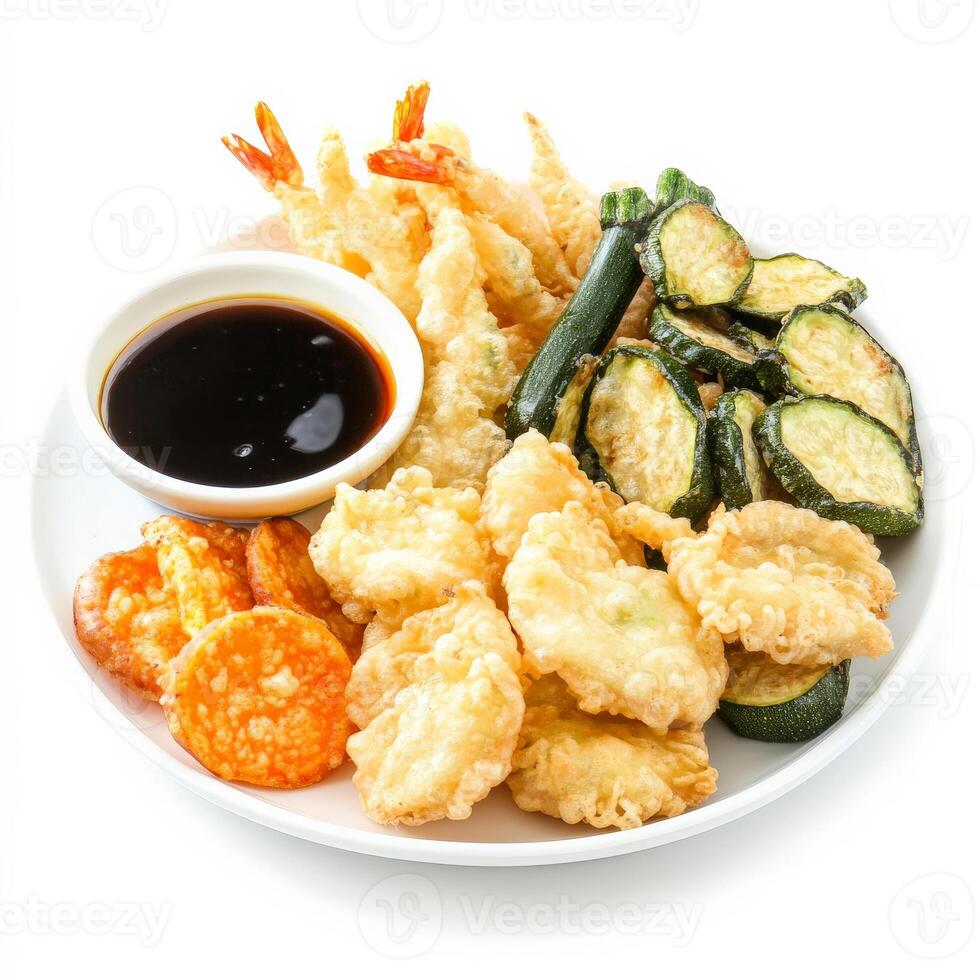 A platter of crispy vegetable tempura, including zucchini, sweet potatoes, and bell peppers, served with a side of soy dipping sauce. A Japanese delicacy. Isolated on clean white background photo