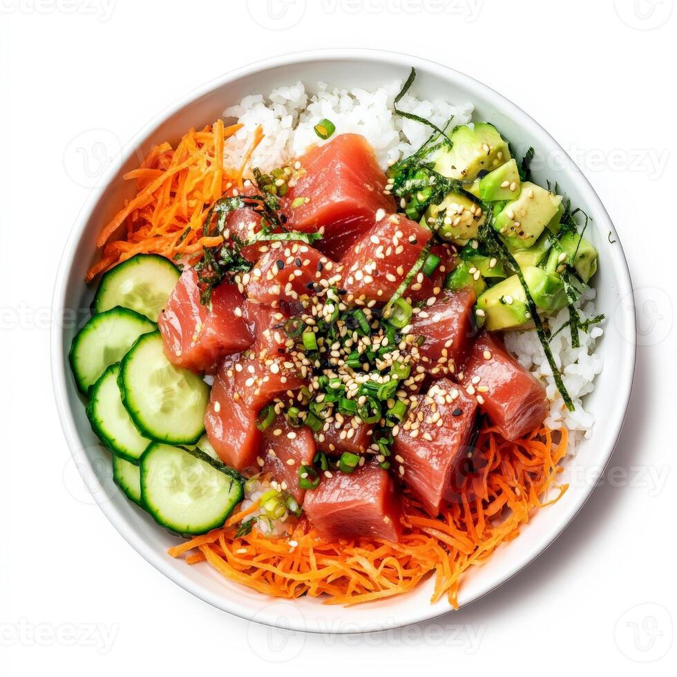 A beautifully presented poke bowl with fresh, cubed ahi tuna marinated in a soy-ginger sauce, served over sushi rice, and topped with avocado, shredded carrots, cucumber slices, seaweed salad, sesame photo