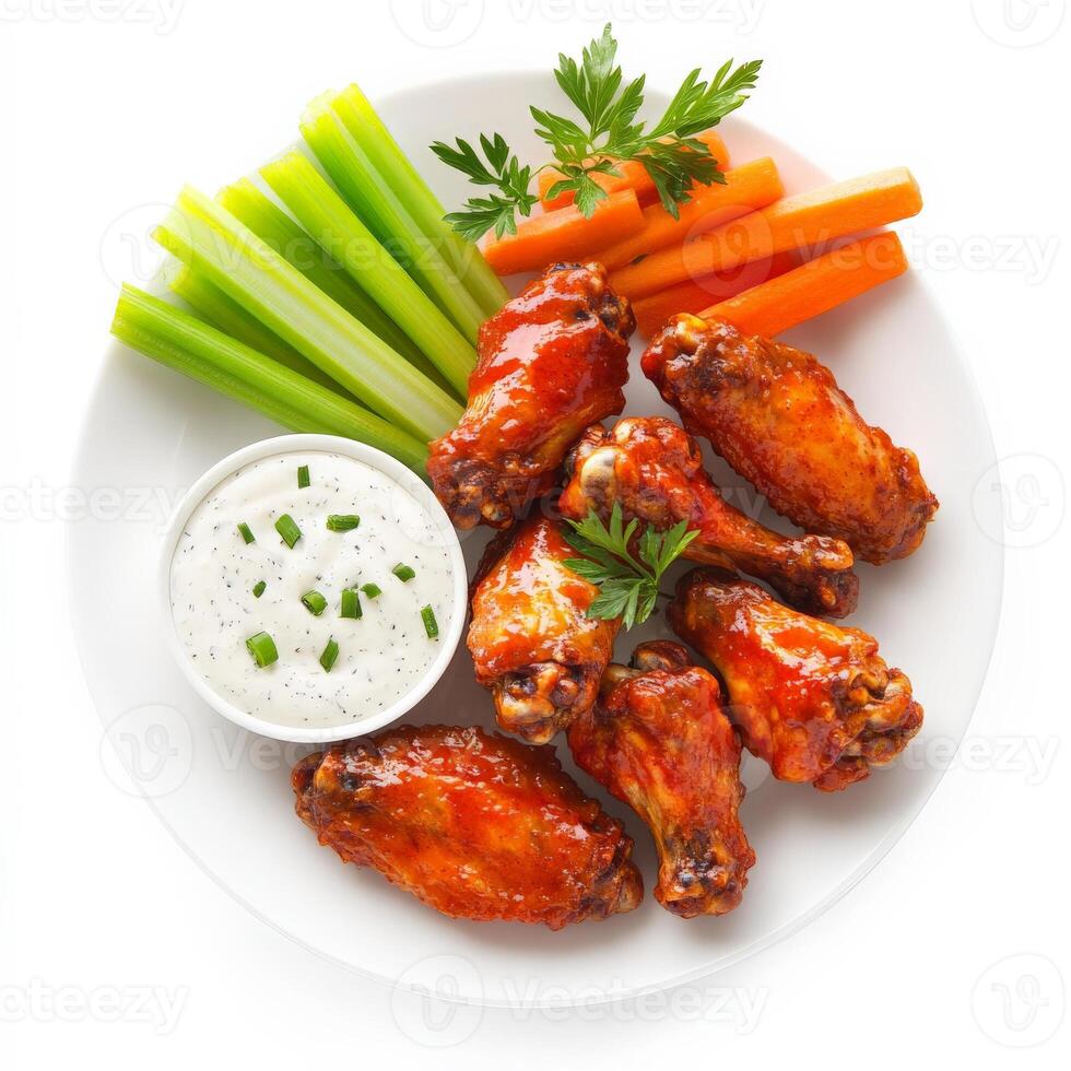 A plate of spicy buffalo wings coated in a tangy hot sauce, served with a side of cool ranch dressing, celery sticks, and carrot sticks. A game-day favorite. Isolated on clean white background photo
