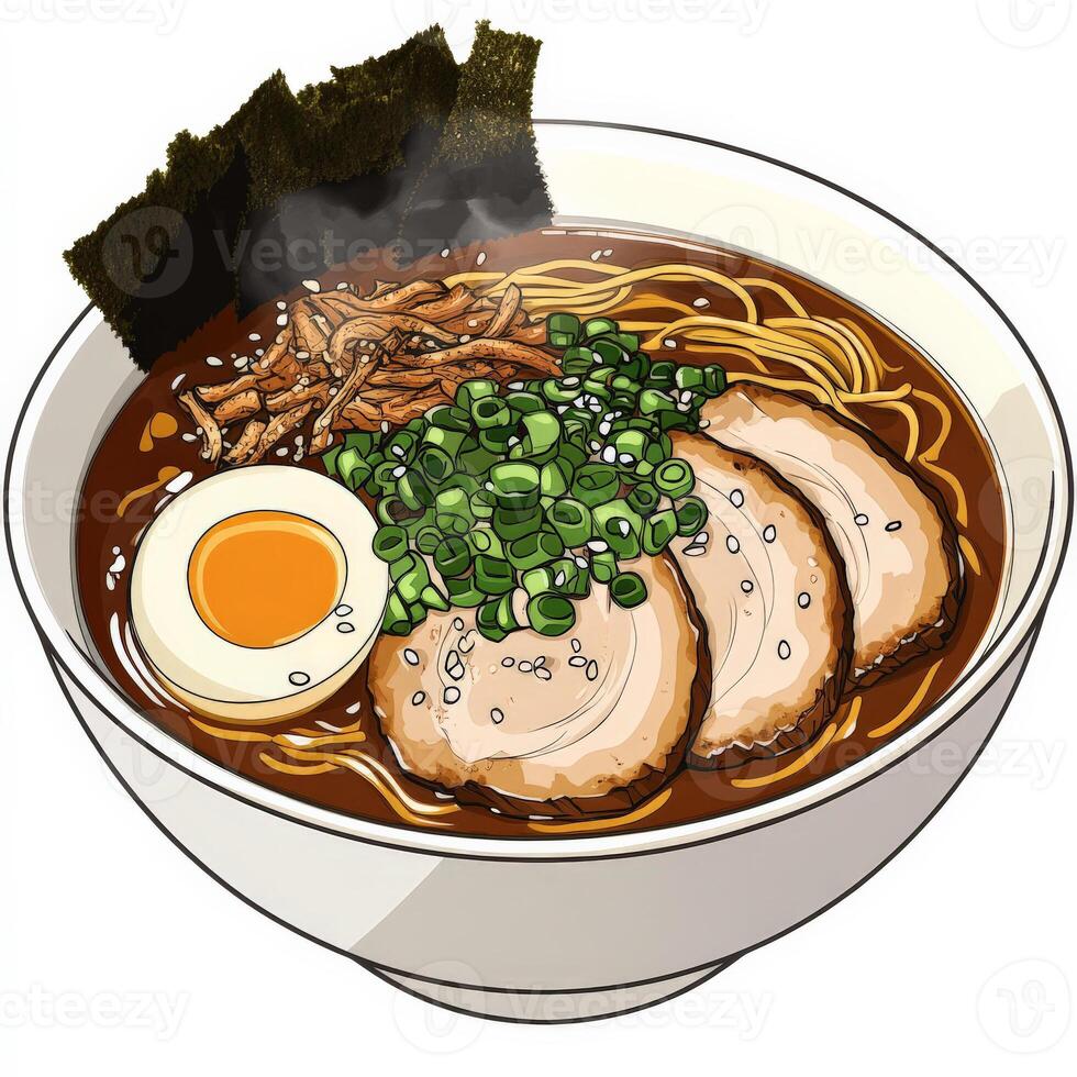 A steaming bowl of ramen with a rich, flavorful broth, topped with tender slices of pork, a soft-boiled egg, green onions, seaweed, and sesame seeds. The noodles are thick and wavy, absorbing the photo