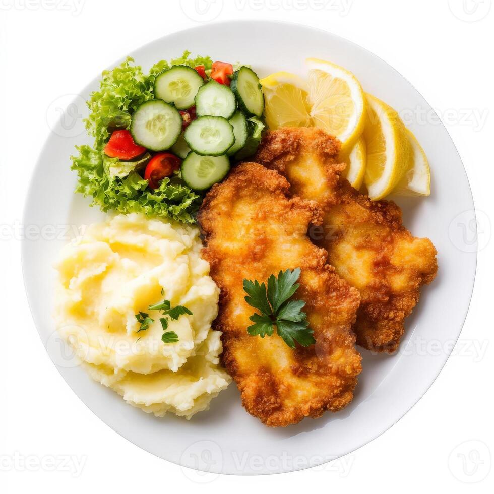 A plate of golden-brown chicken schnitzel, served with a side of buttery mashed potatoes, lemon wedges, and a fresh cucumber salad. A classic European dish. Isolated on clean white background photo