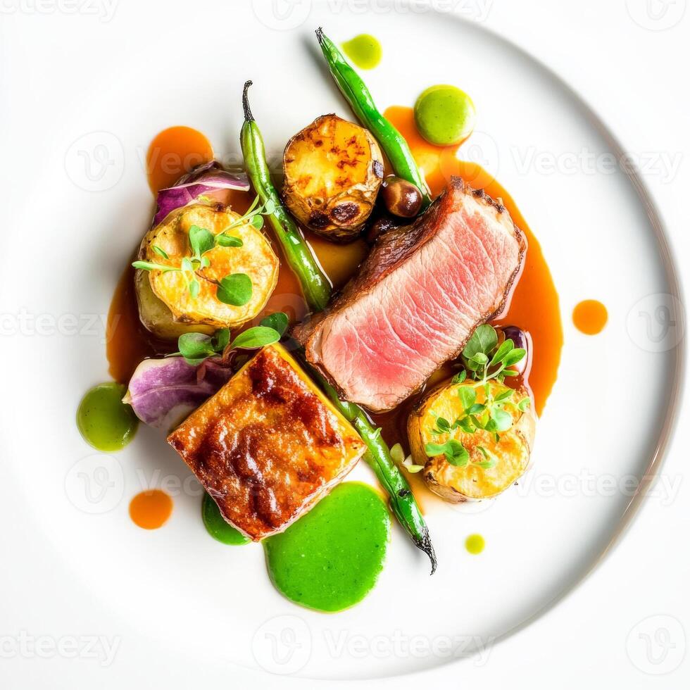 A plate with meat, potatoes and vegetables photo