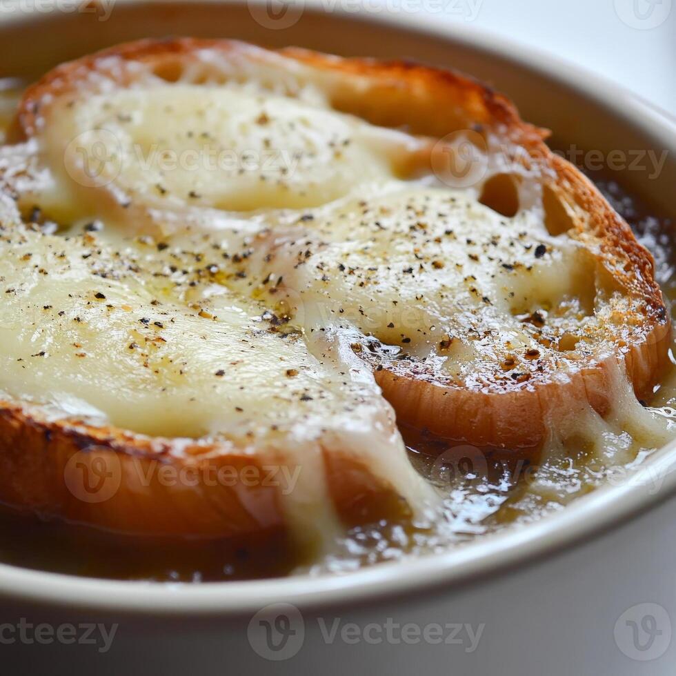 A bowl of food with cheese and bread photo