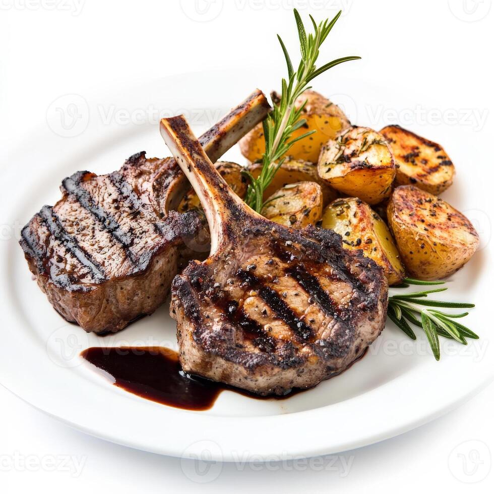 A plate of perfectly grilled lamb chops, served with a side of rosemary-infused roasted potatoes and a drizzle of balsamic reduction sauce. A fine dining experience. Isolated on clean white background photo