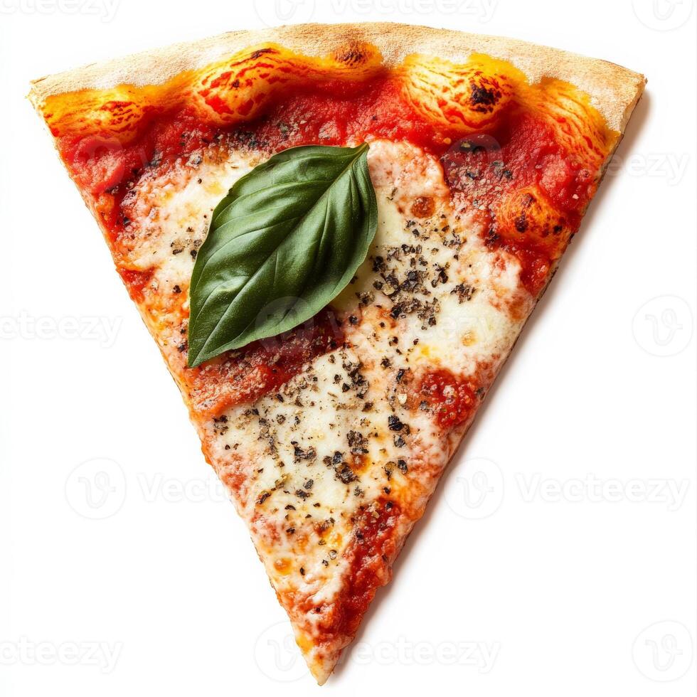 A perfectly charred slice of Neapolitan pizza with a thin, chewy crust, fresh tomato sauce, creamy mozzarella, and aromatic basil leaves. A wood-fired classic. Isolated on clean white background photo
