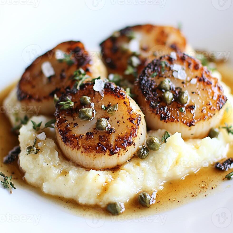 A plate of scallops with mashed potatoes and herbs photo