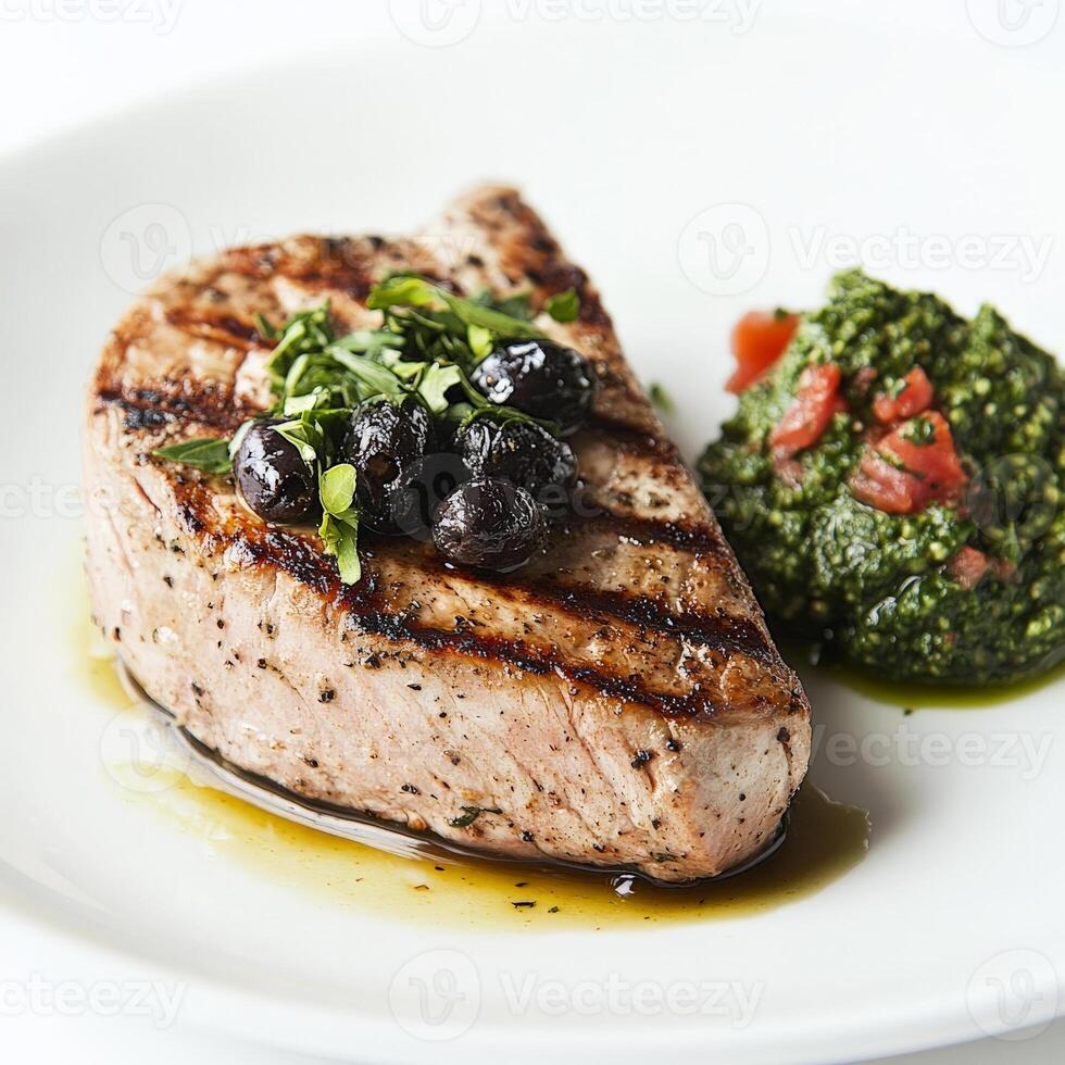 A plate of grilled tuna with tapenade and pistou, featuring a perfectly grilled tuna steak, seasoned with olive oil and herbs, and served with two distinct and flavorful sauces, a black olive tapenade photo