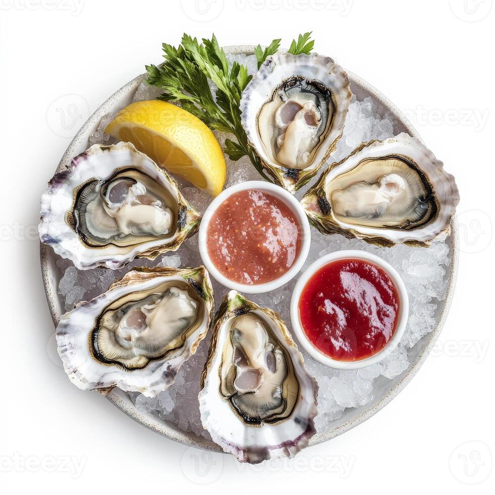 A plate of fresh oysters on the half shell, served on a bed of crushed ice with lemon wedges, cocktail sauce, and a side of mignonette sauce. A refined seafood dish. Isolated on clean white background photo