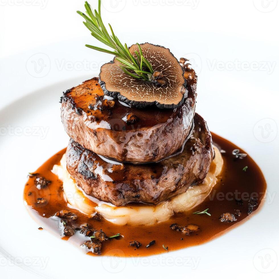 A plate of tournedos Rossini, a beef tenderloin steak topped with foie gras and truffles, served with Madeira sauce, a luxurious and decadent dish, showcasing the finest ingredients and the culinary photo