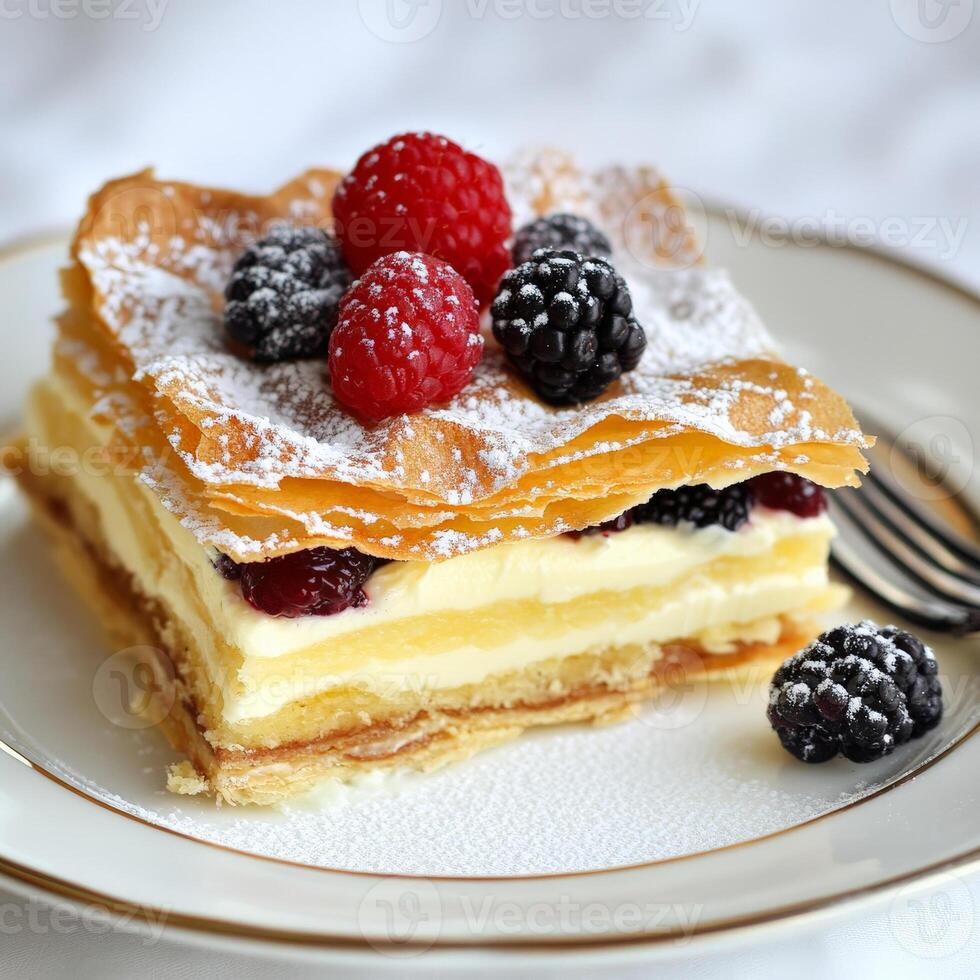 A close-up of a sweet and delicate millefoglie dessert, a classic Italian pastry, with layers of crisp puff pastry, filled with a creamy vanilla or pistachio pastry cream, and often topped with photo