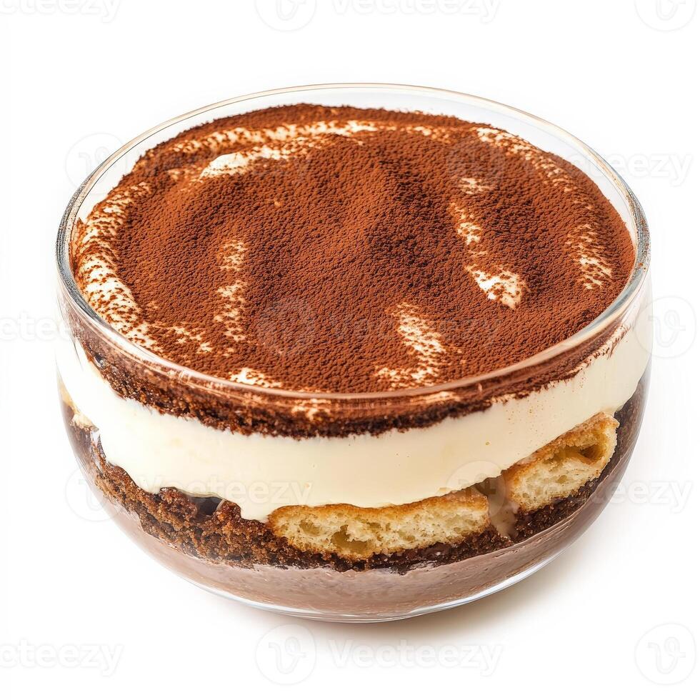 A close-up of a classic tiramisu dessert, with layers of espresso-soaked ladyfingers, creamy mascarpone filling, and a dusting of cocoa powder, served in a glass dish to showcase the layers, isolated photo